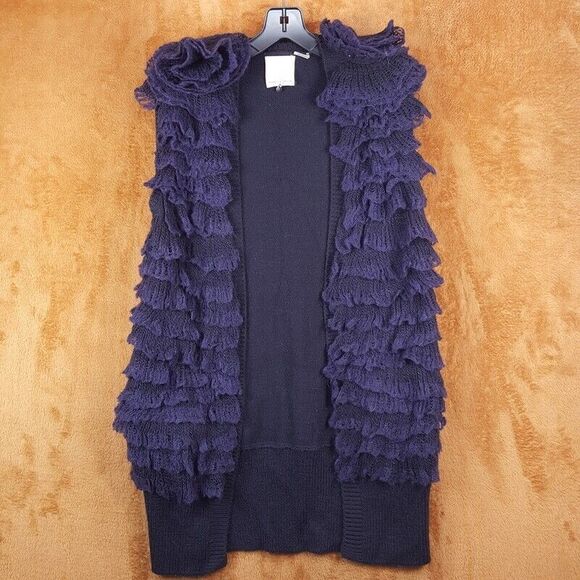 REBECCA TAYLOR Sweater Womens Small Purple Vest Open Wool Blend Fluffy Applique - Picture 1 of 7